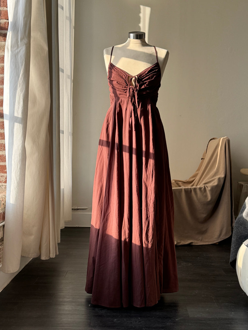 Camilla Cotton Open Back Maxi Dress In Chocolate Brown