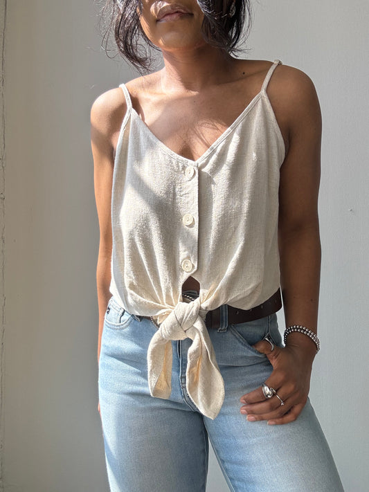 Mae Cotton & Linen Tie Front Crop Top In Natural