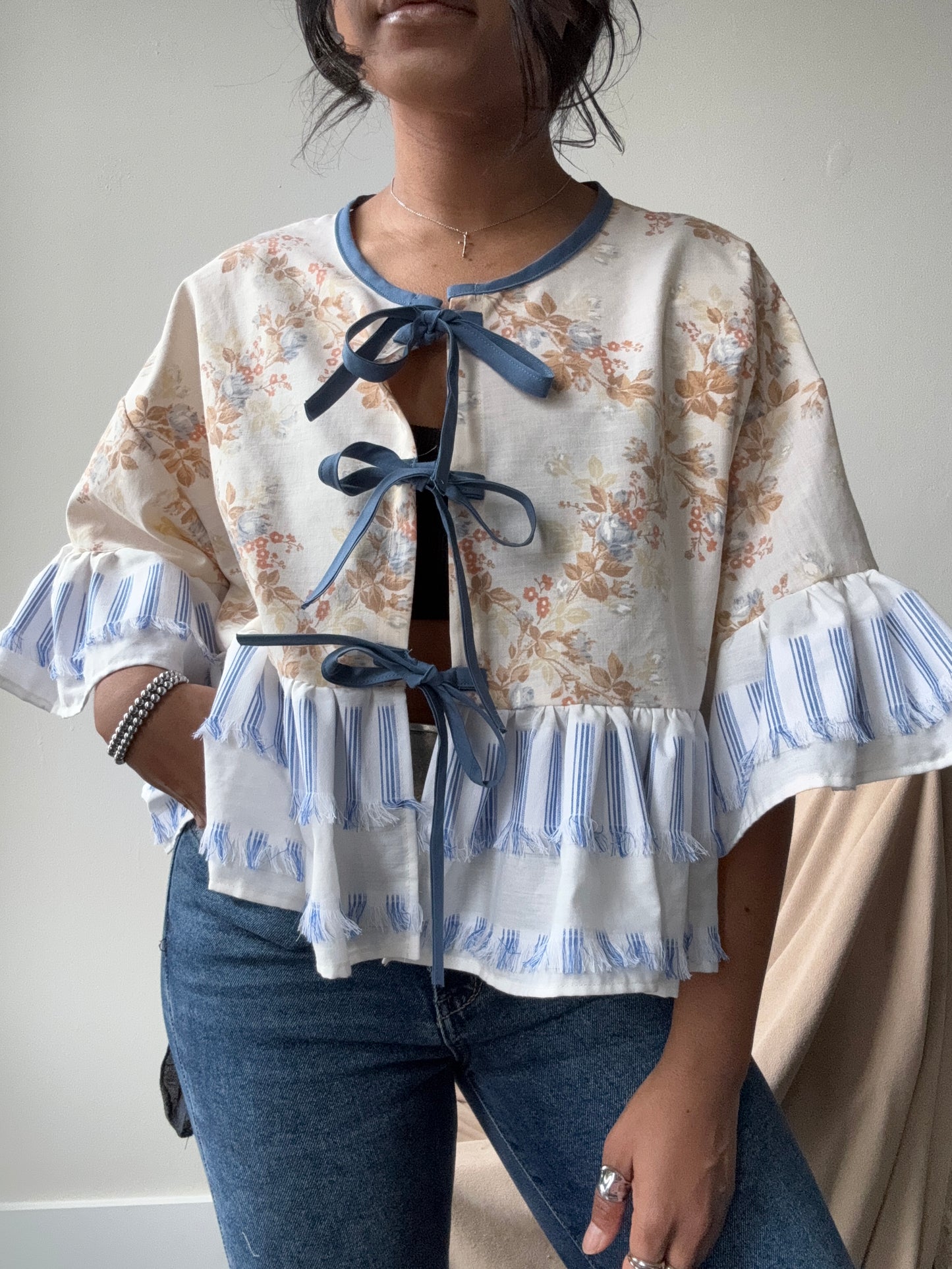 Joycie Cotton Handmade Floral & Fringe Ruffle Top In Vintage Blue