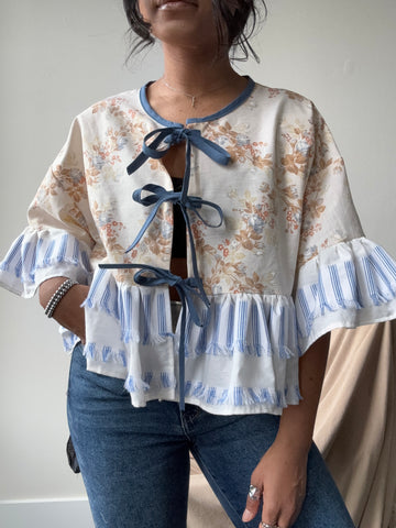 Joycie Cotton Handmade Floral & Fringe Ruffle Top In Vintage Blue