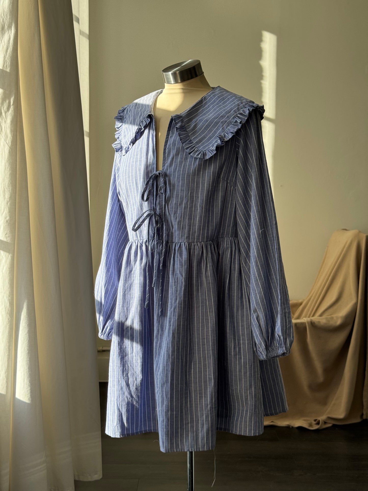 Odessa Cotton Tie Front Ruffle Collar Striped Dress In Vintage Blue￼￼