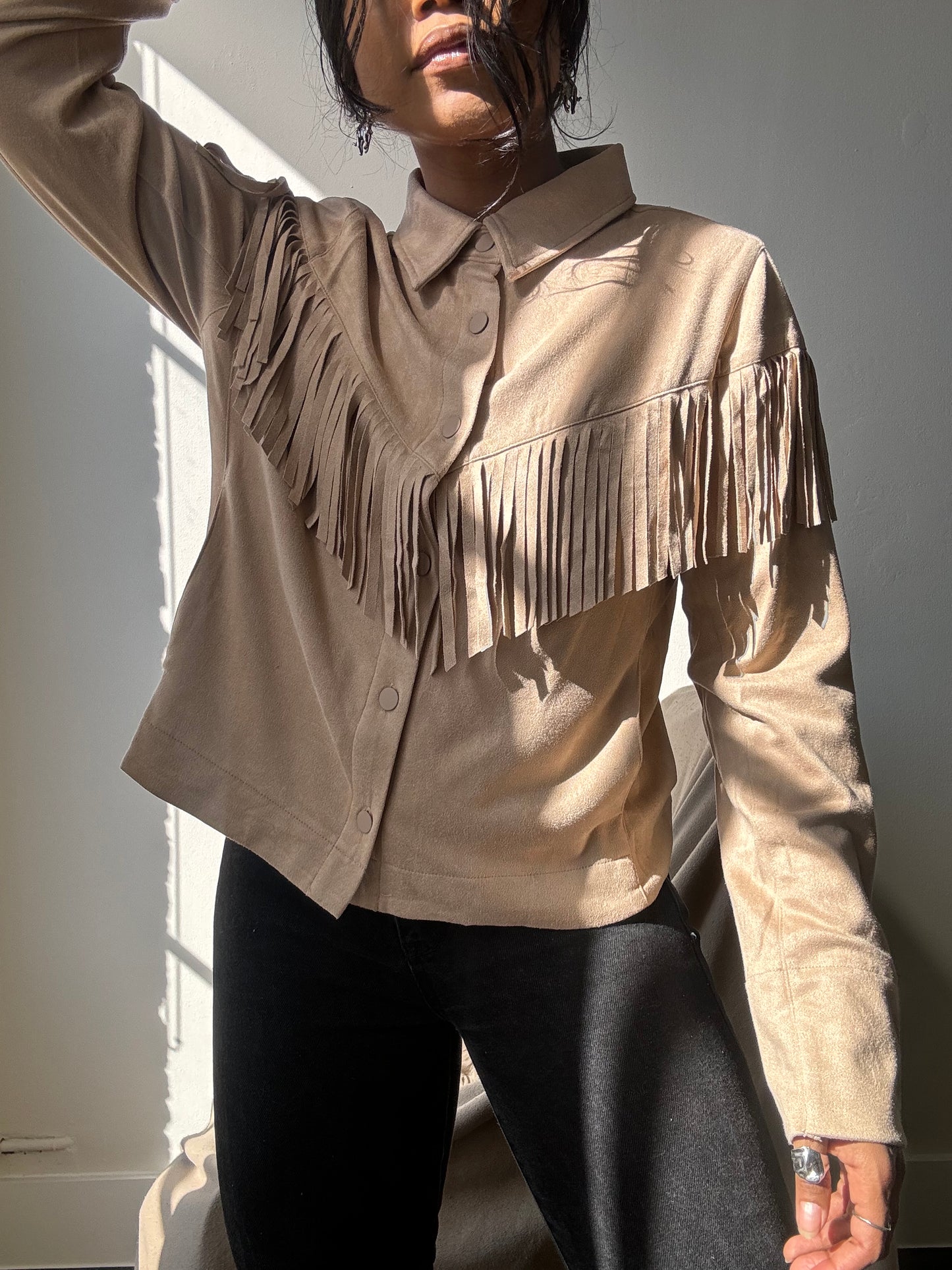 Brooks Cropped Fringe Suede Modern Western Shacket In Taupe