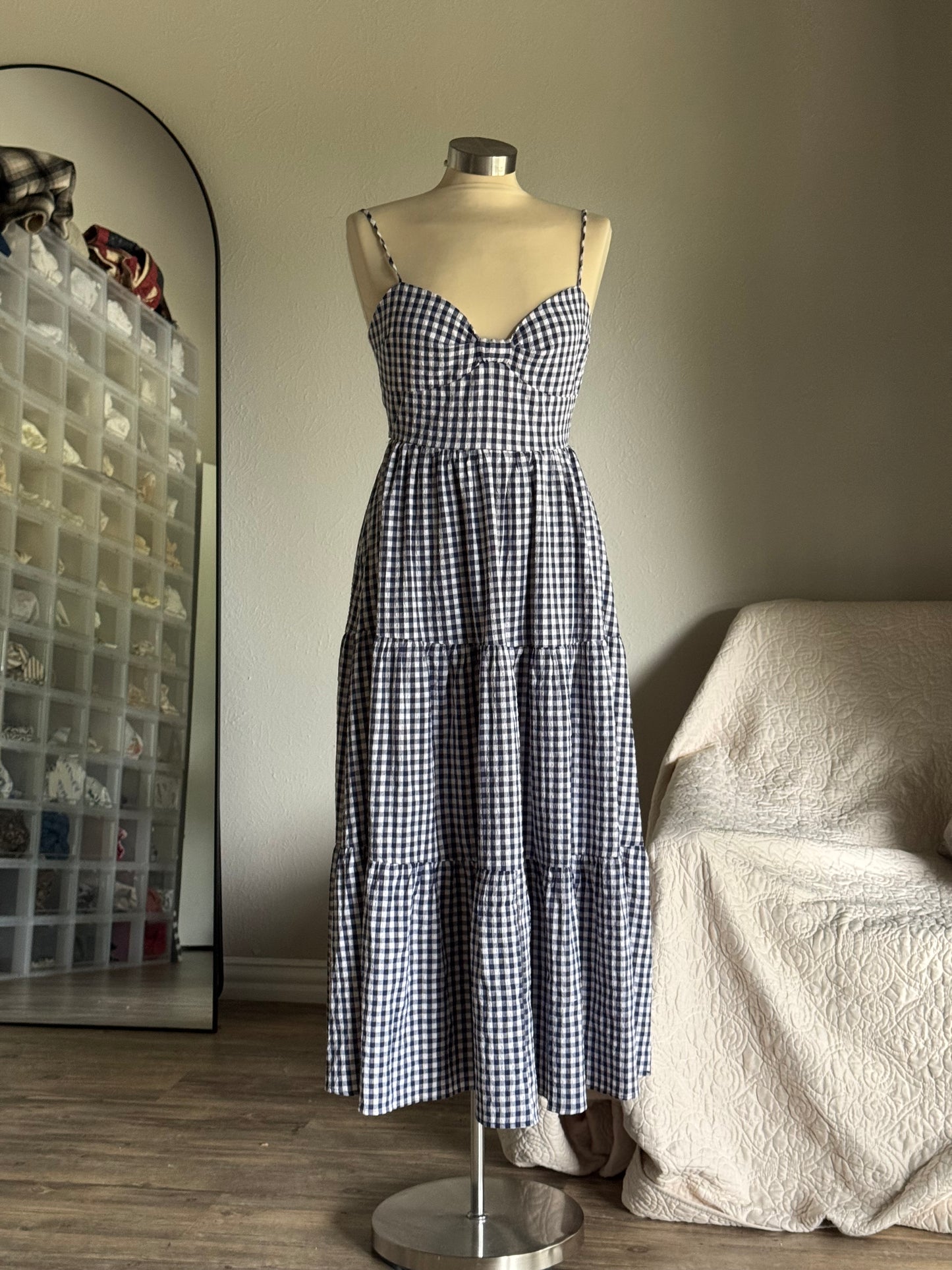 Mary Cotton Gingham Open Back Maxi Dress In Midnight Navy