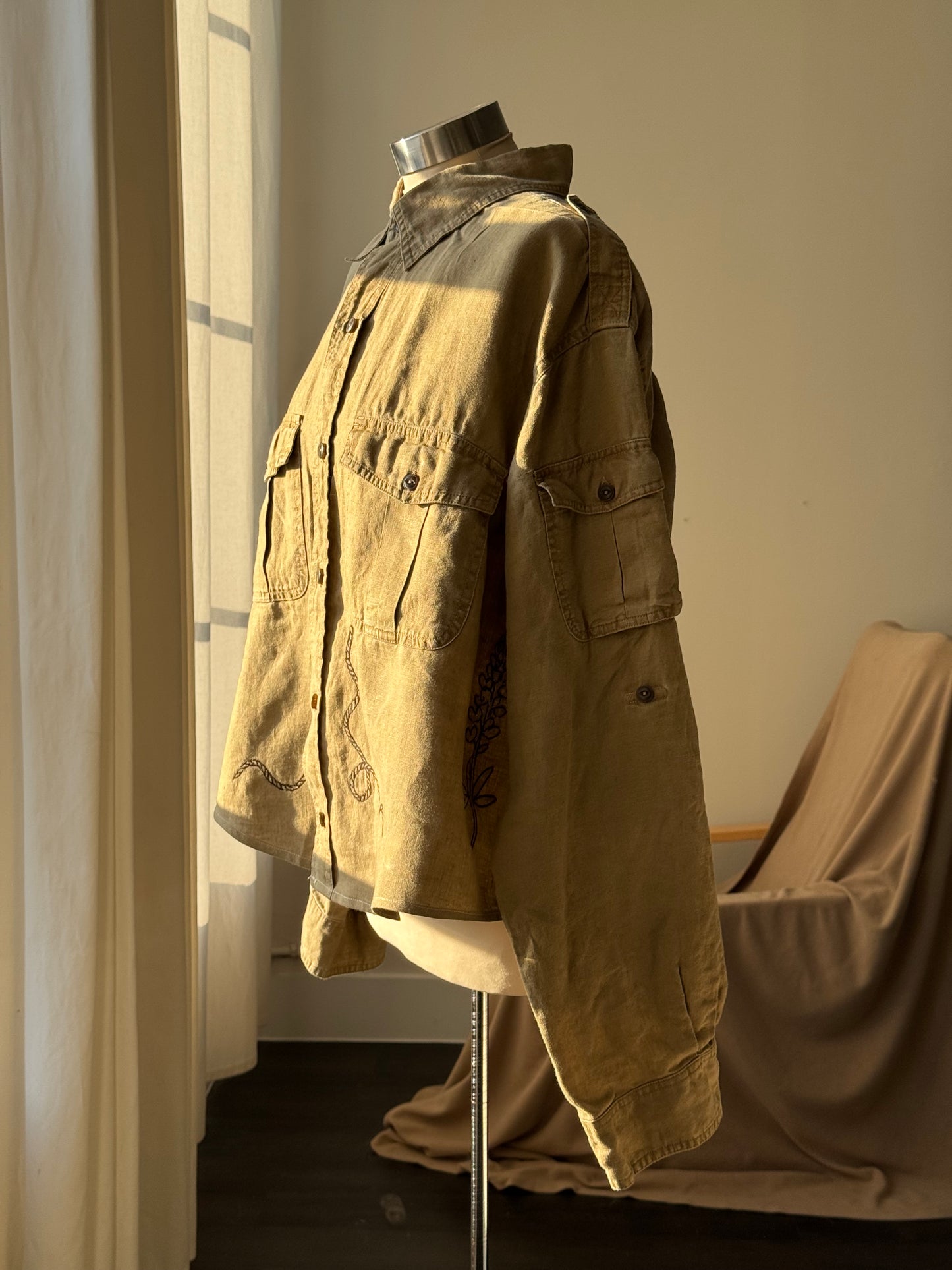 The Lawrence Handcrafted Utility Cropped Linen Button Down Shacket In Sand