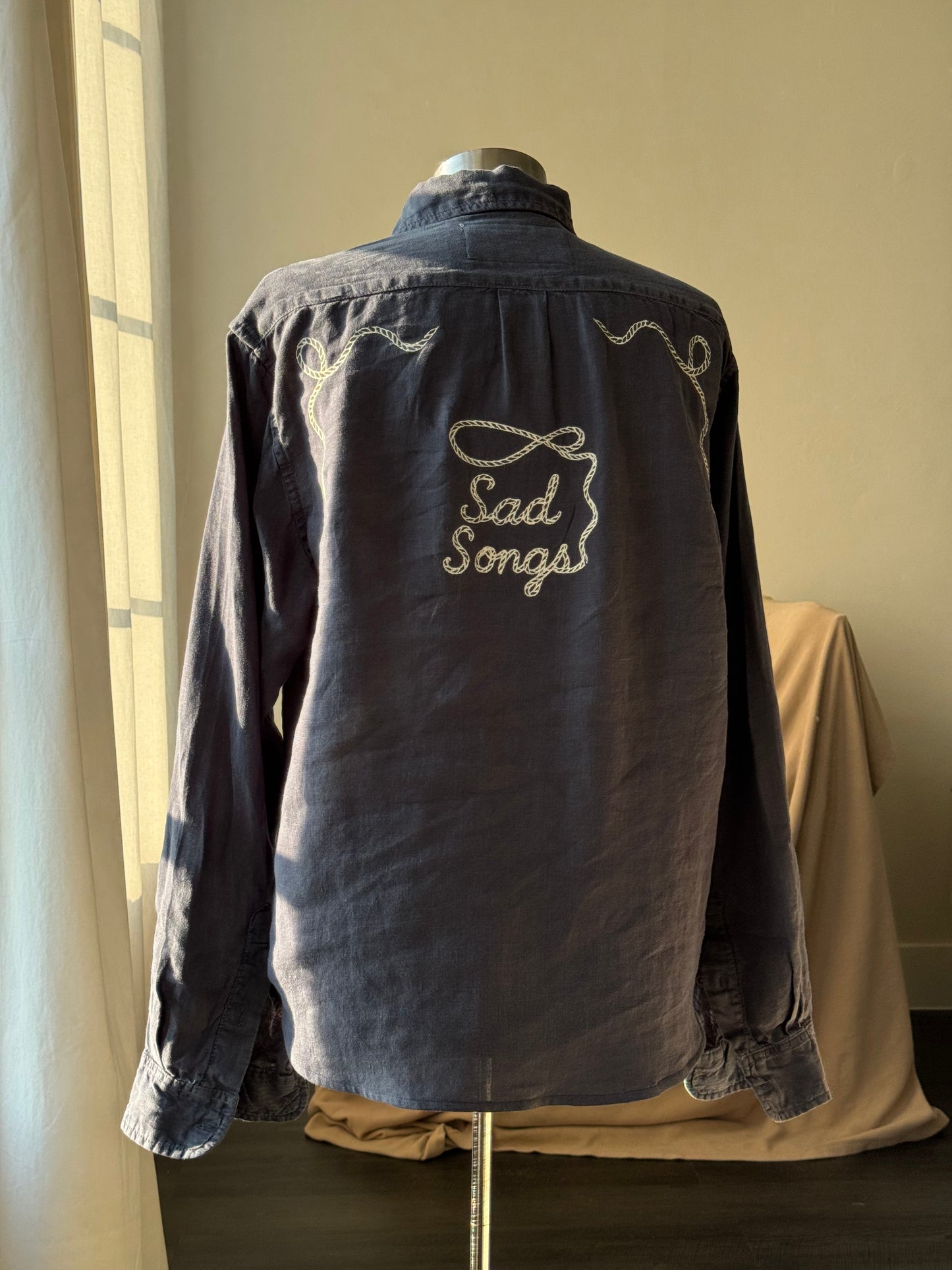 Lawrence Handcrafted Sad Songs Linen Button Down In Vintage Navy