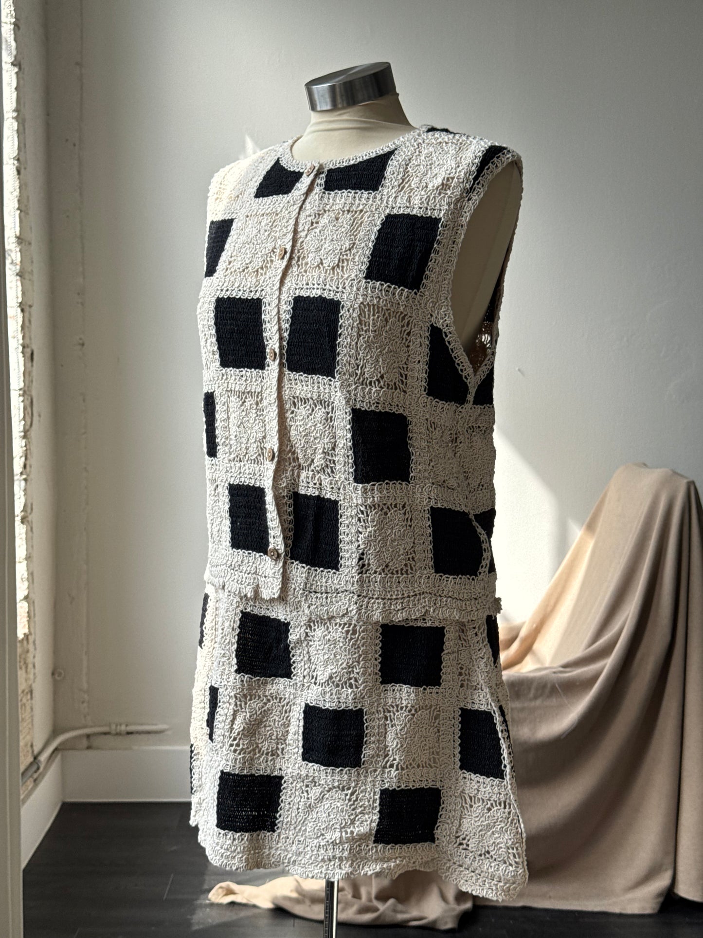 Katie Cotton Crochet Check Button Front Vest In Black