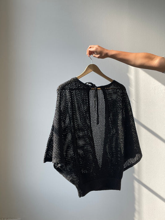 Makenna Crochet ￼Open Back Bat Sleeve Top In Black