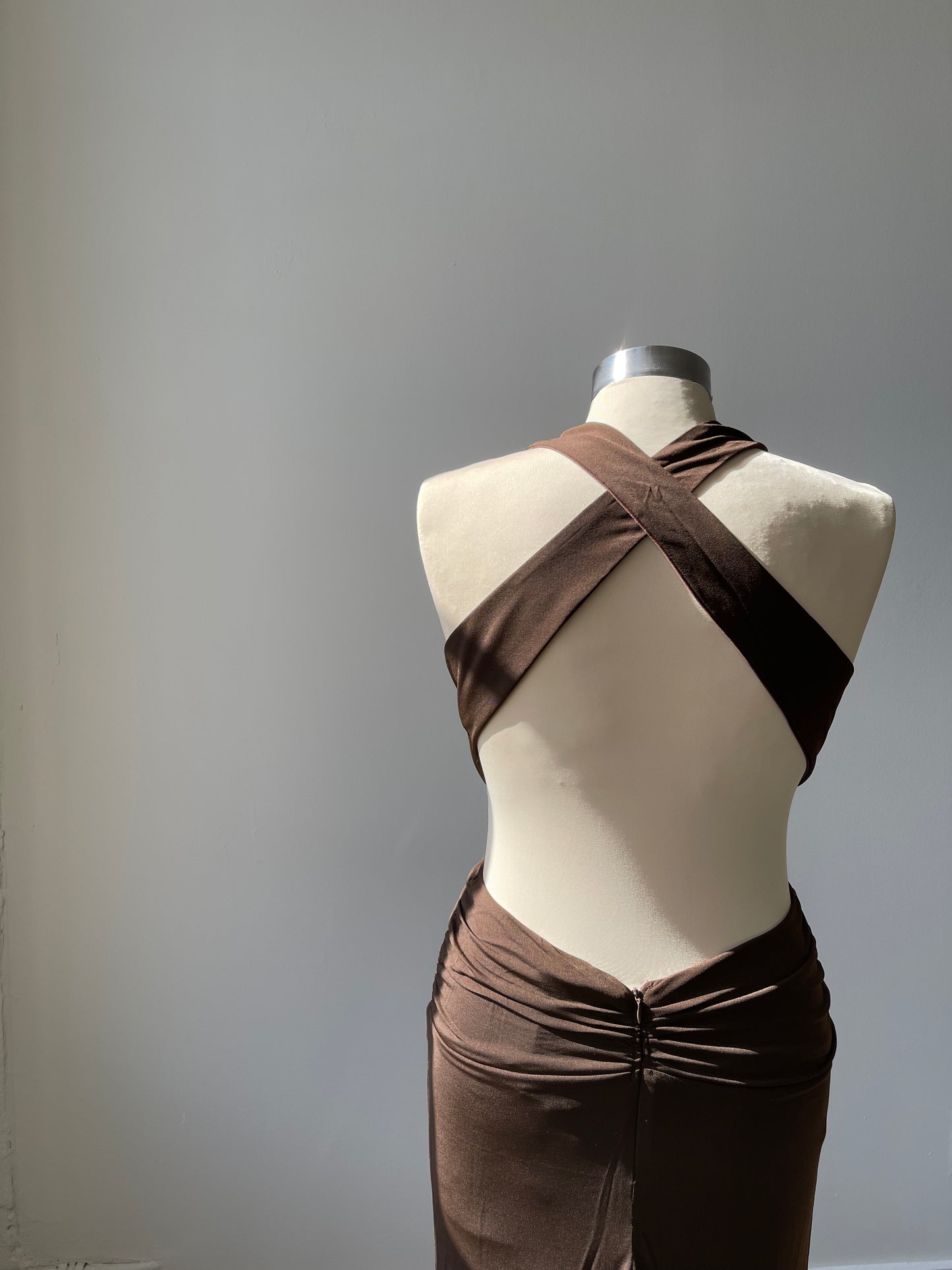Dana Deep V Neck Open Back Halter Maxi Dress In Chocolate Brown