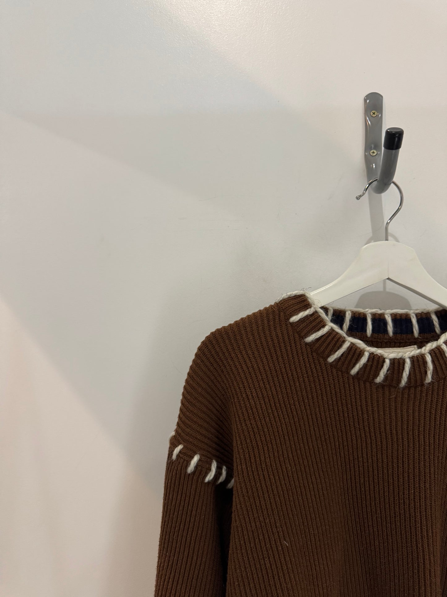 Sloppy Joe Handcrafted Cowboy Blanket Stitch Chunky Sweater In Brown