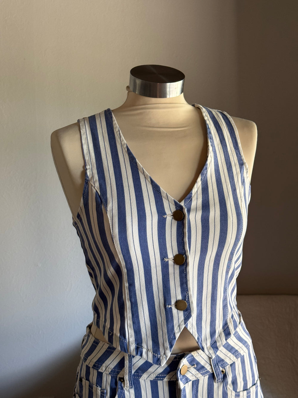 Clarice Classic Striped Button Front Vest In Vintage Blue