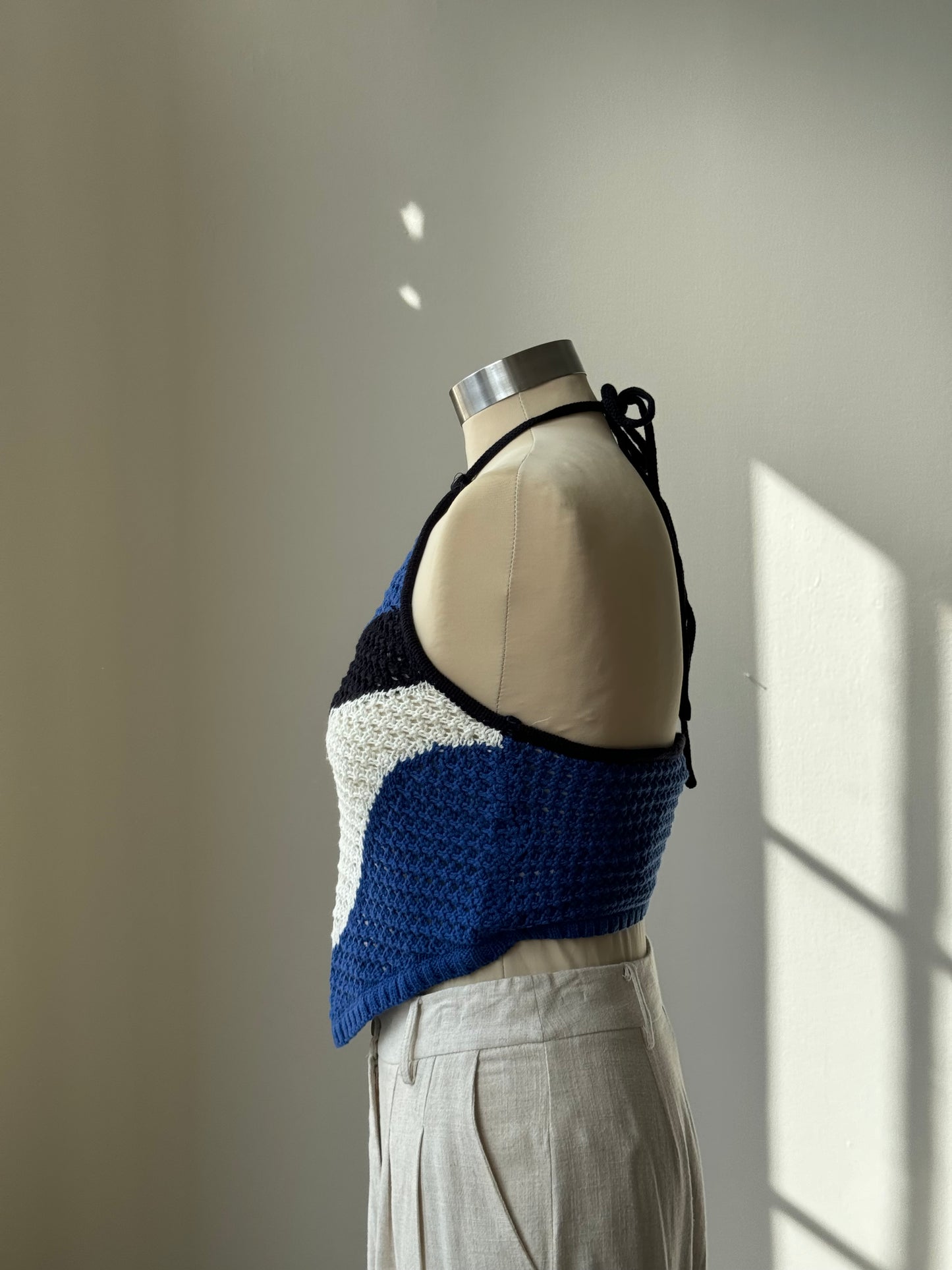 Billie Cotton Crochet Wave Halter Open Back Top In Cobalt Blue