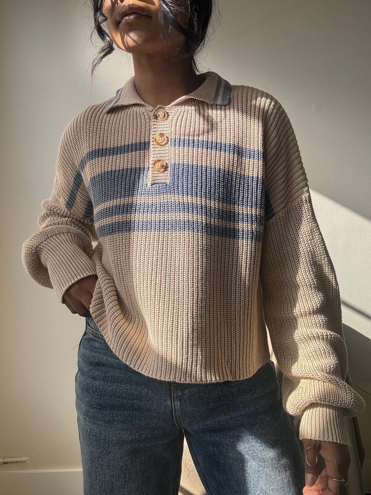 Malcolm Cotton Classic 90s Style Cropped Sweater In Vintage Blue