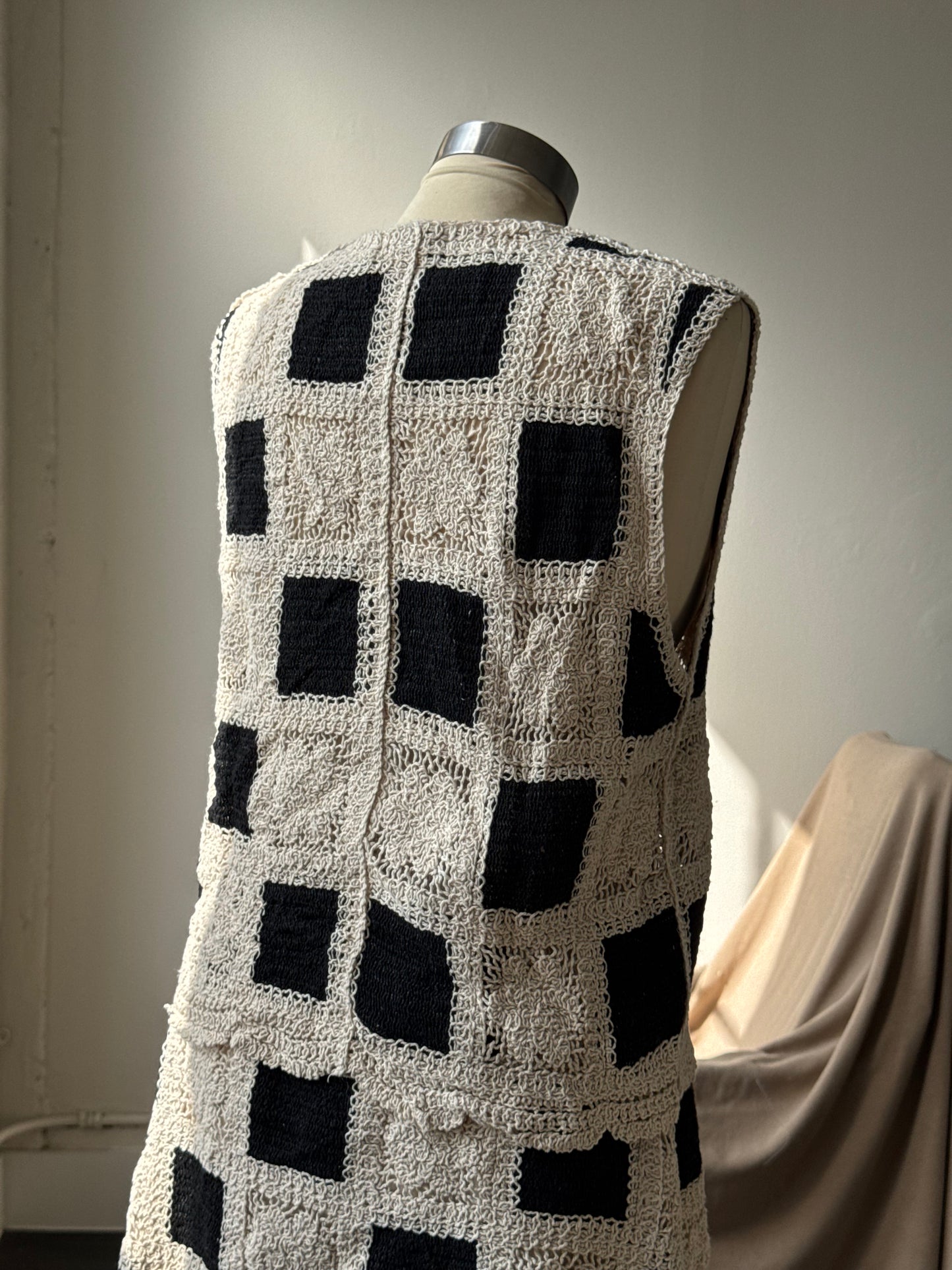 Katie Cotton Crochet Check Button Front Vest In Black