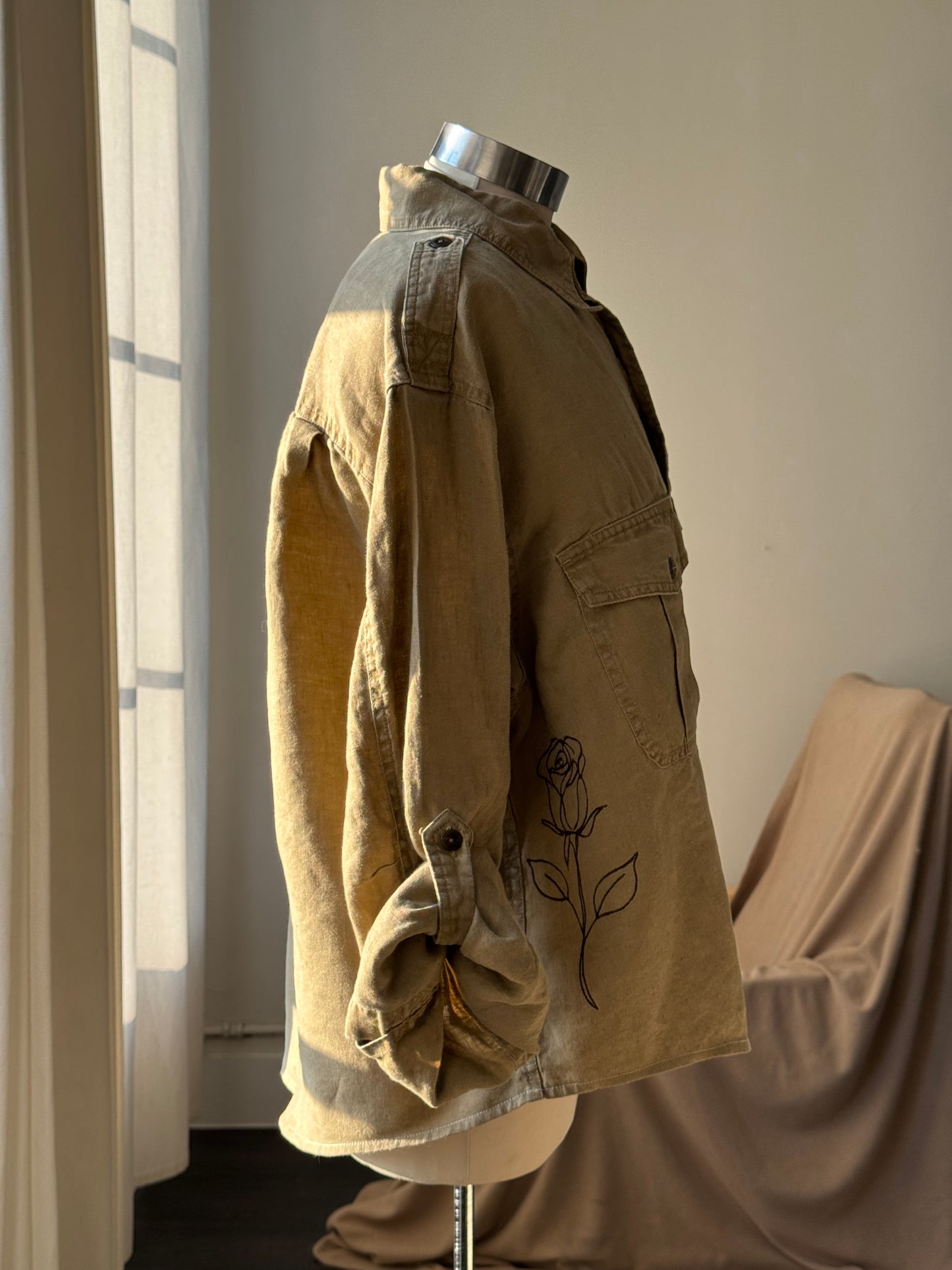 The Lawrence Handcrafted Utility Cropped Linen Button Down Shacket In Sand