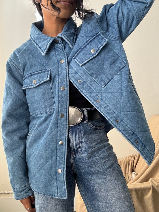 Henry Cotton Quilted Denim Coat Jacket In Vintage Blue