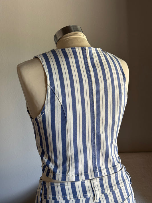 Clarice Classic Striped Button Front Vest In Vintage Blue