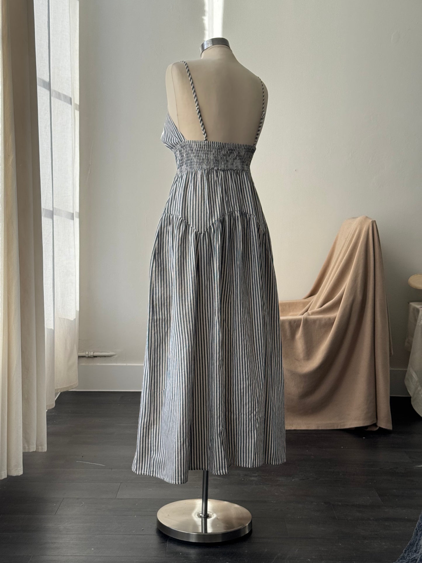 Cherie Cotton Striped Midi Dress In Midnight Navy