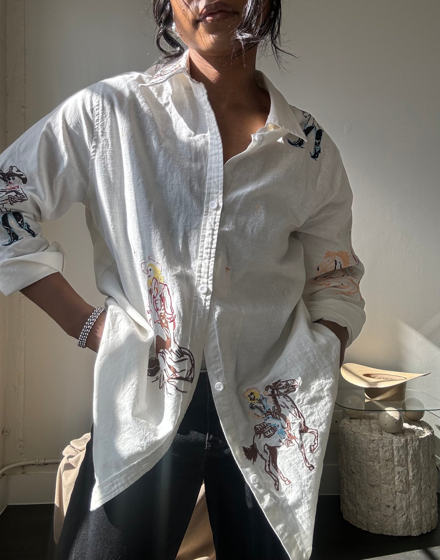 Llewellyn Cotton & Linen Embroidered Cowgirl Button Down