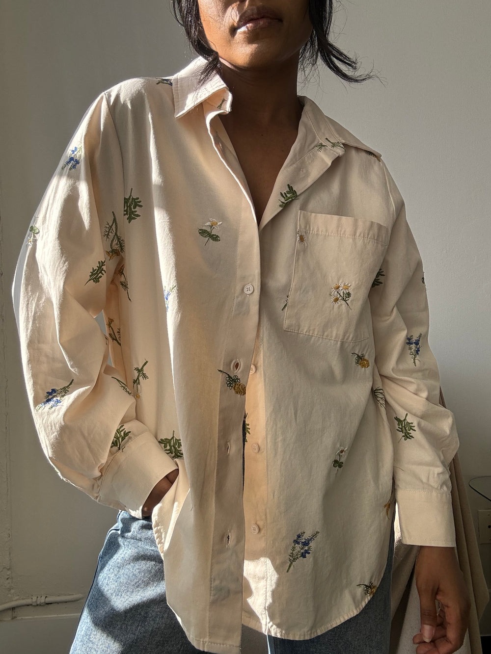 Marlene Cotton Embroidered Floral Button Down In Butter Cream