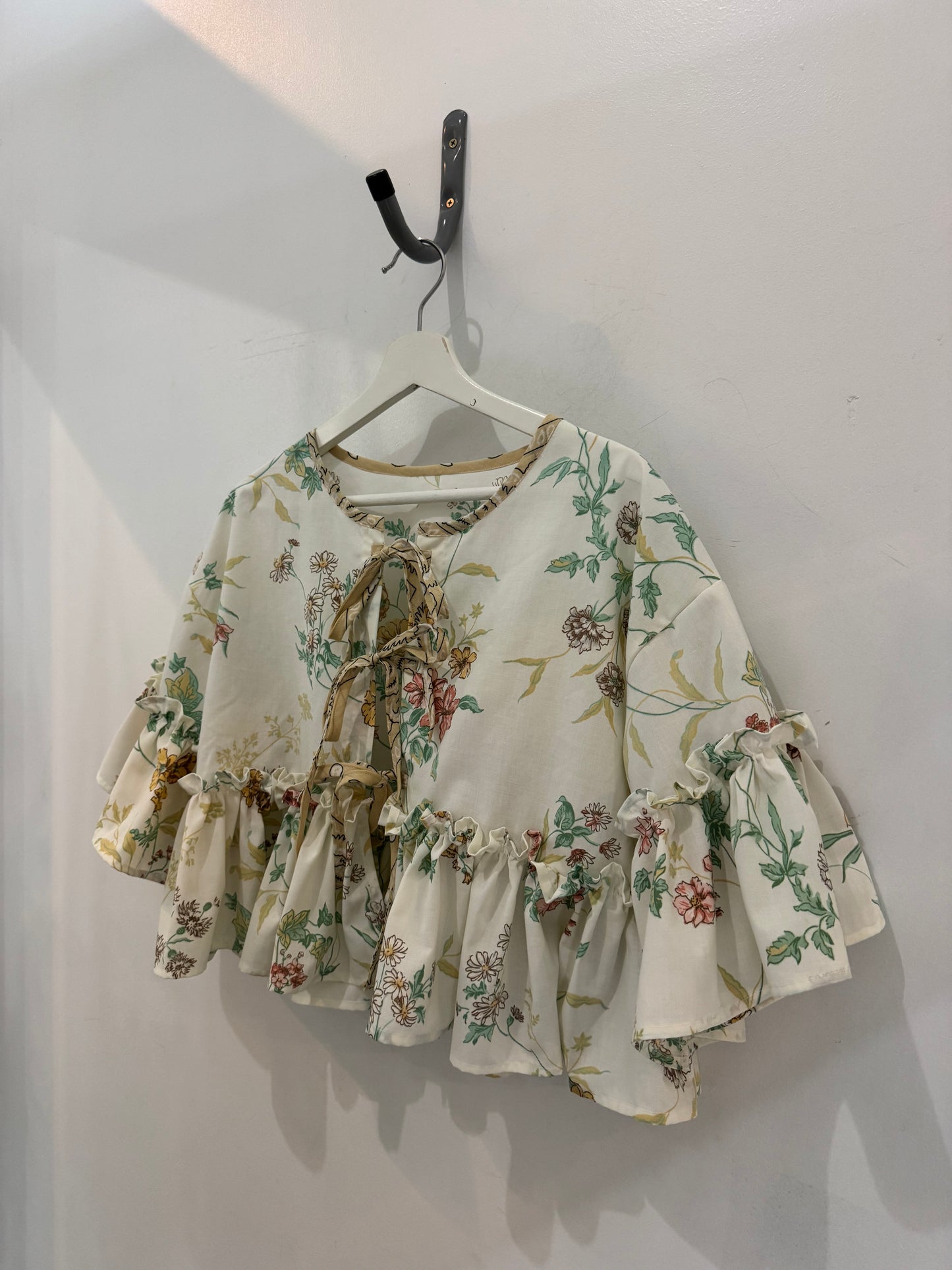 Joycie Vintage Cotton Handcrafted Floral Ruffle Tie Top