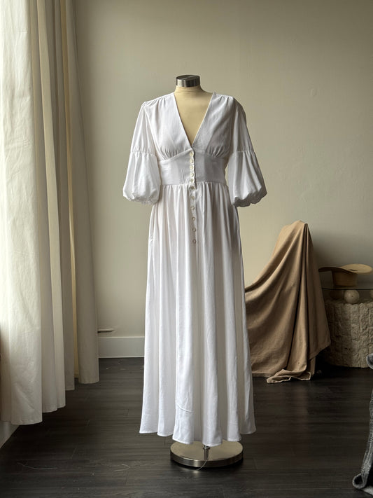 Anriette Cotton & Linen Button Front Maxi Dress In White
