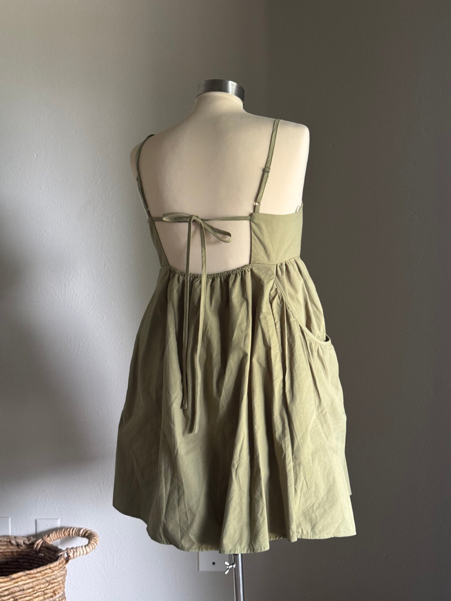 Karina Cotton Button Front Open Back Dress In Avocado