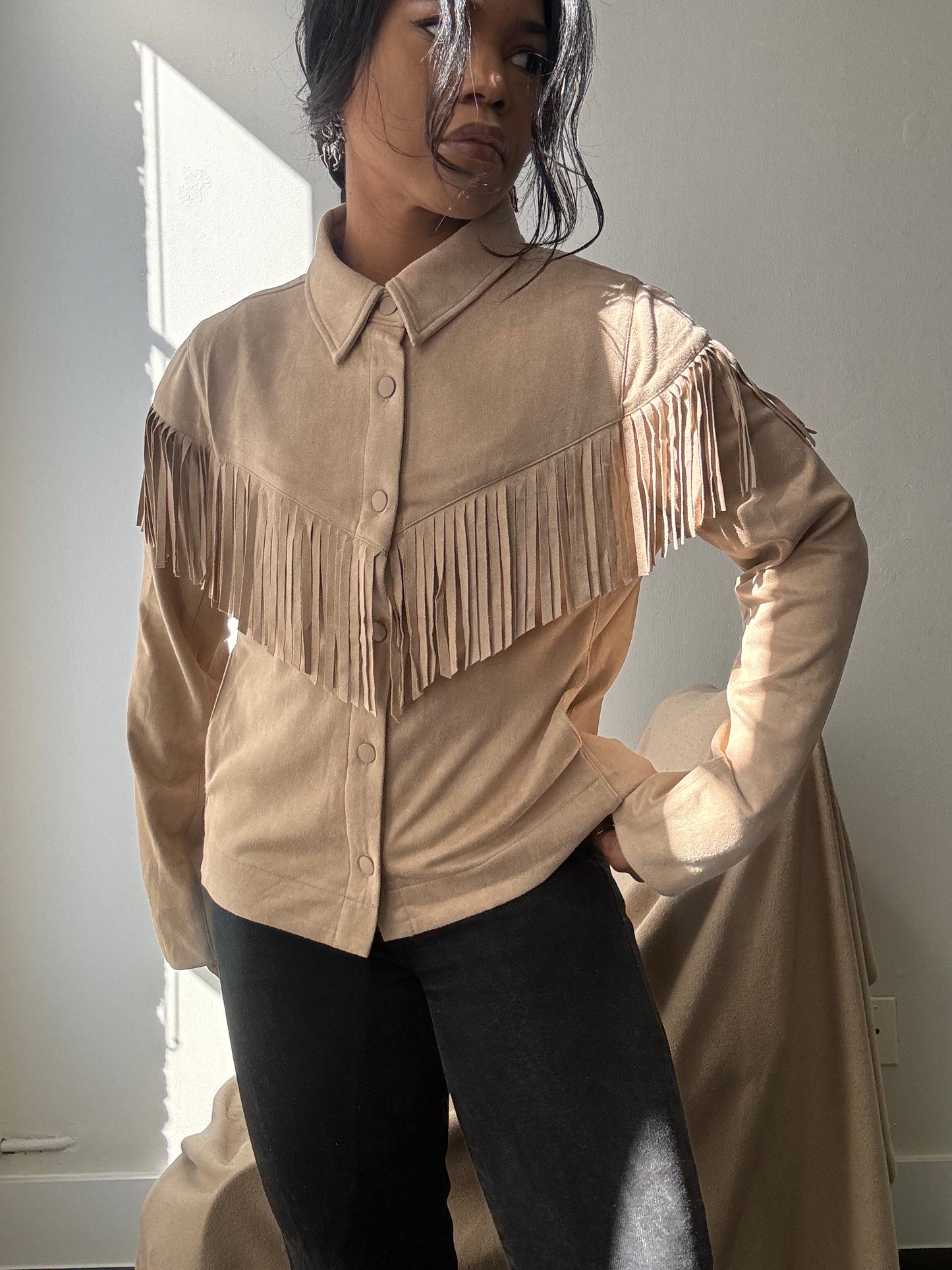 Brooks Cropped Fringe Suede Modern Western Shacket In Taupe