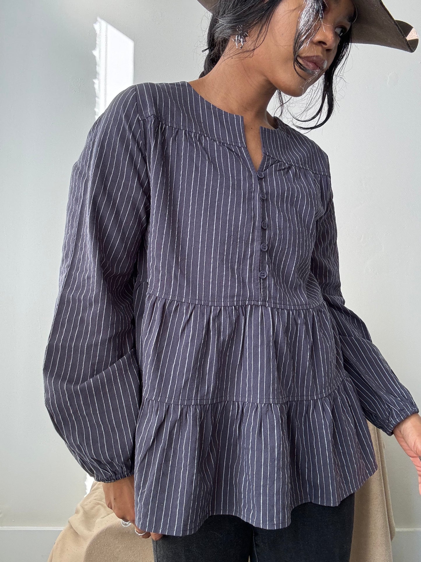 Danny Cotton Tiered Striped Tunic In Vintage Navy