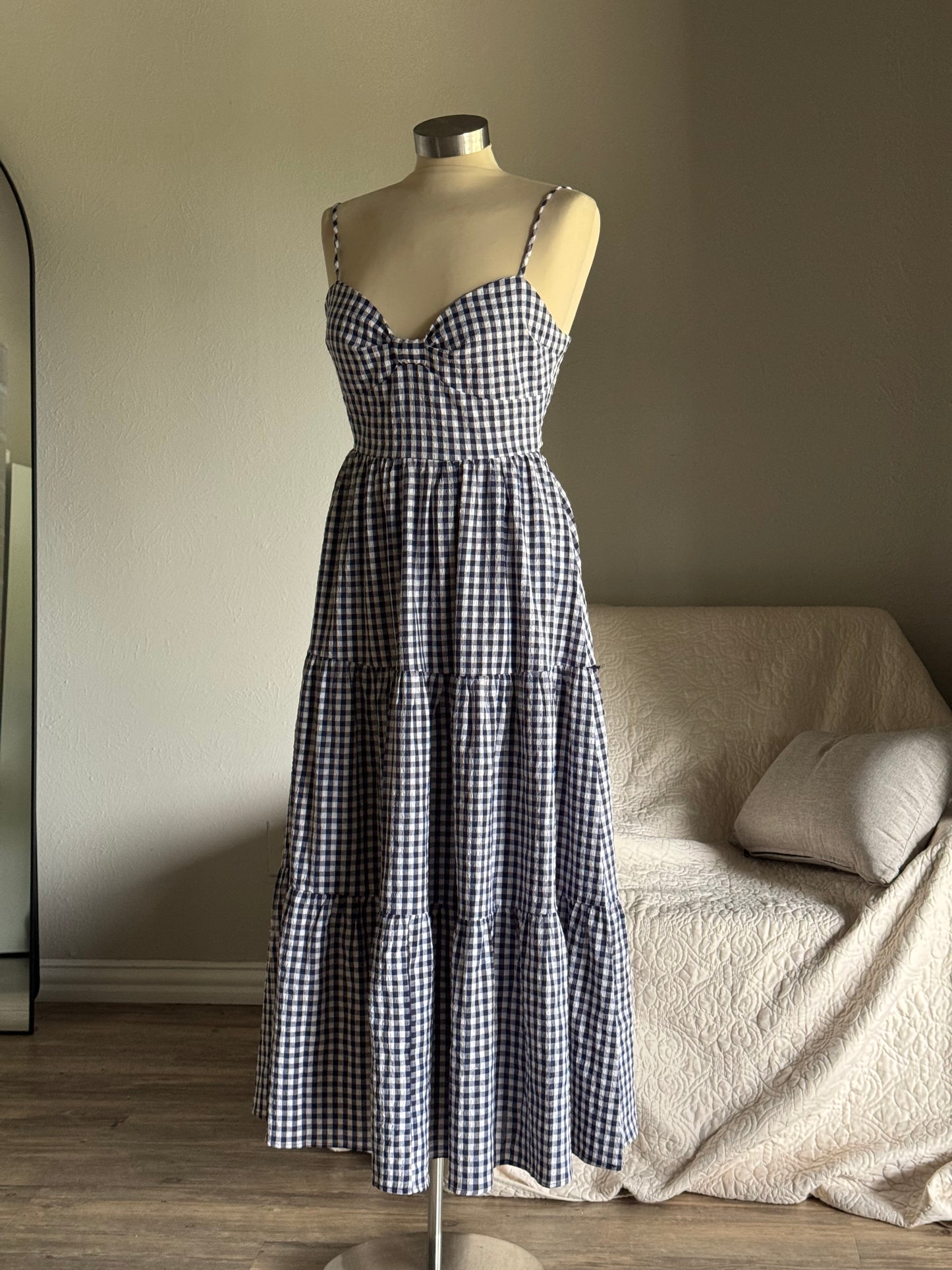 Mary Cotton Gingham Open Back Maxi Dress In Midnight Navy