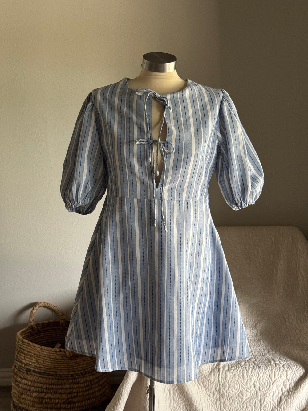 Patricia Cotton Striped Embroidered Tie Front Dress In Sky