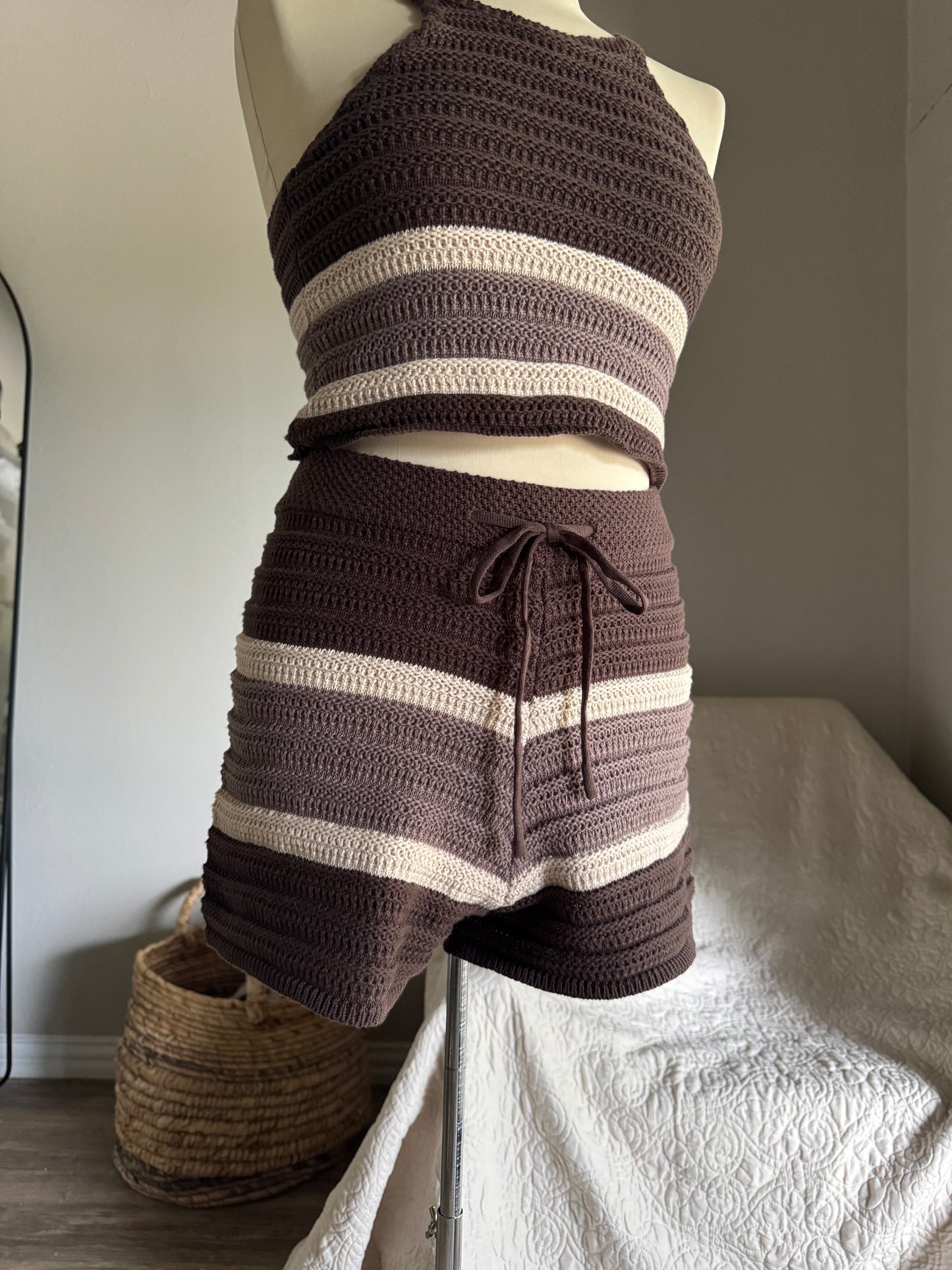 Hailey Cotton Crochet Knit Shorts In Espresso
