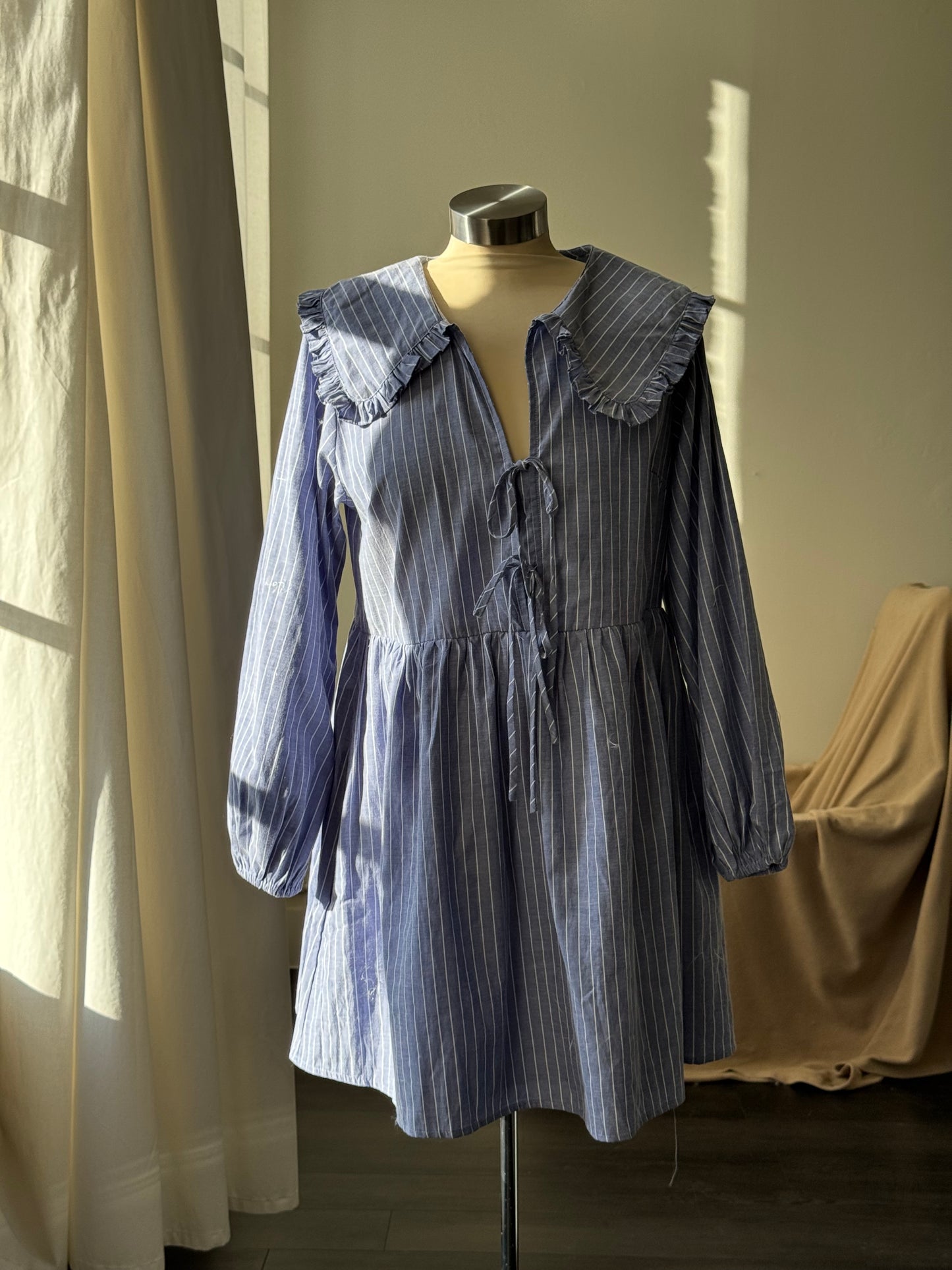 Odessa Cotton Tie Front Ruffle Collar Striped Dress In Vintage Blue￼￼