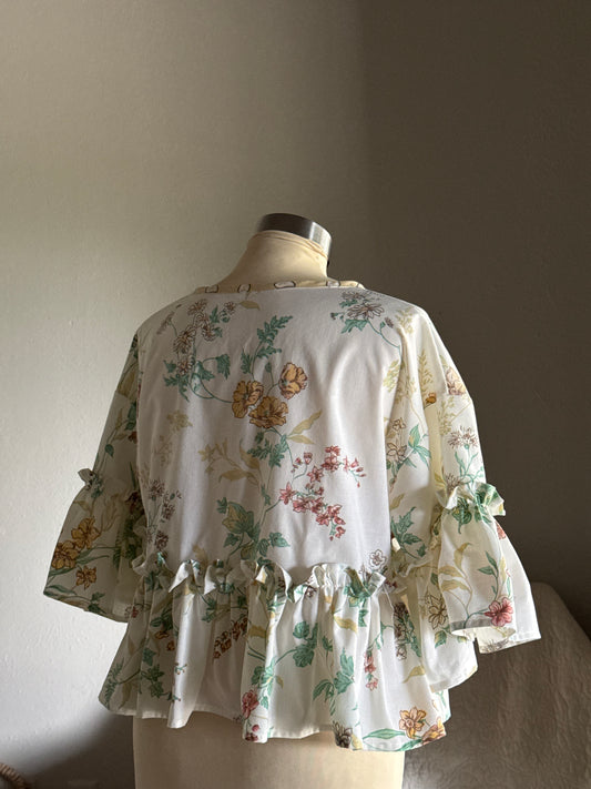 Joycie Vintage Cotton Handcrafted Floral Ruffle Tie Top