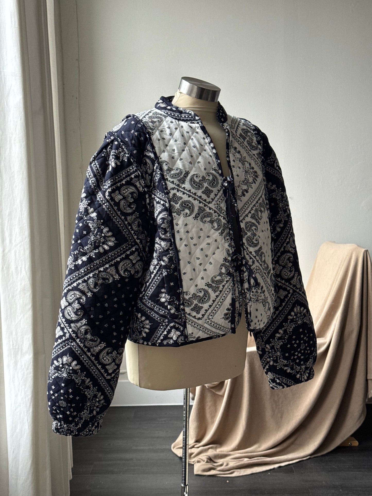 Judith Cotton Classic Bandanna Tie Front Jacket In Midnight Navy
