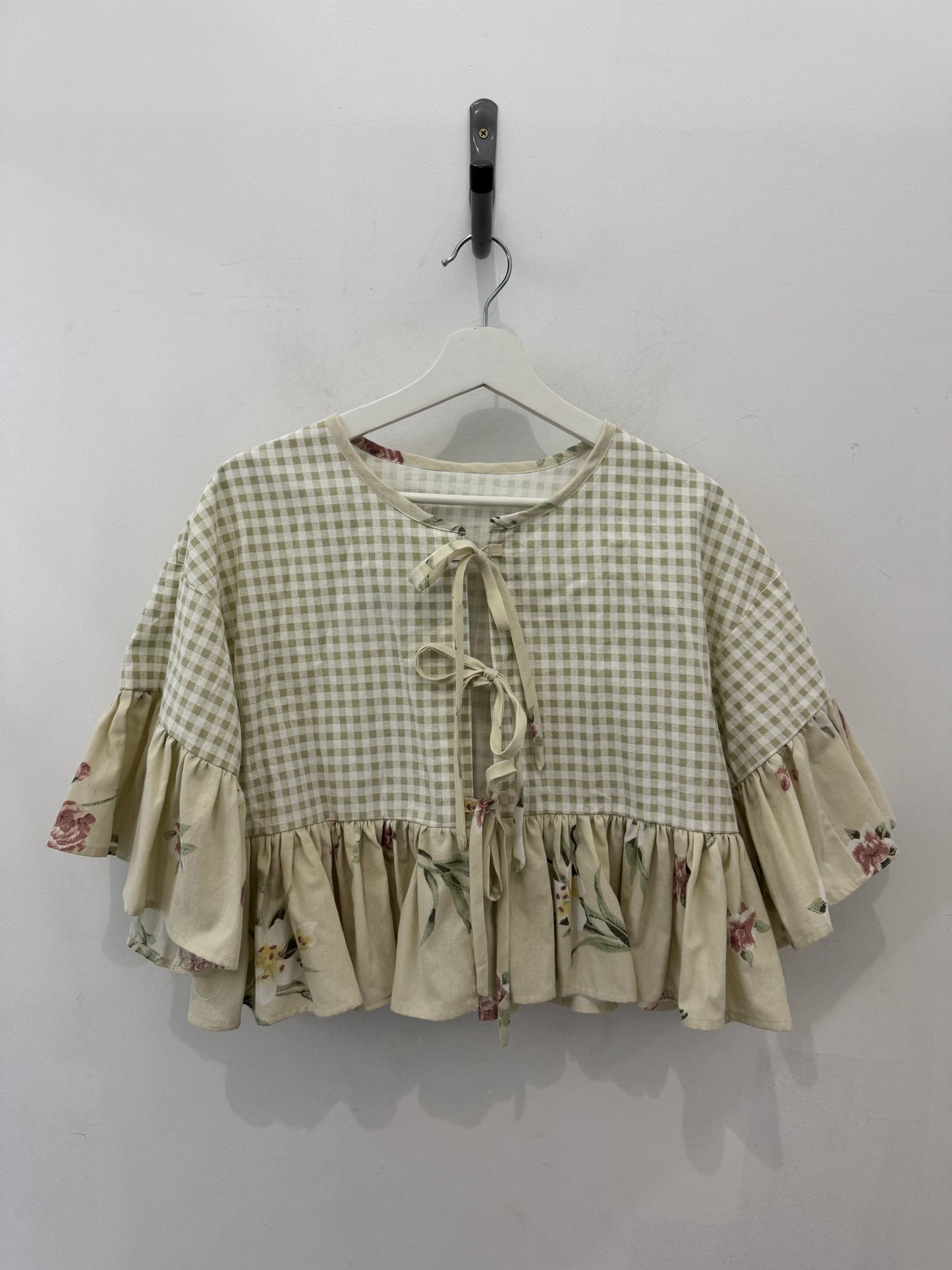 Joycie Vintage Handcrafted Gingham Floral Ruffle Top