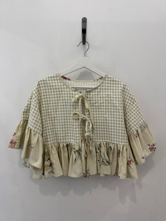 Joycie Vintage Handcrafted Gingham Floral Ruffle Top