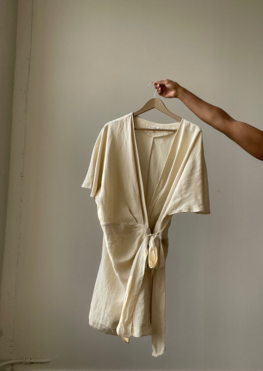 Lorie Linen & Cotton Kimono Style Wrap Dress In Natural