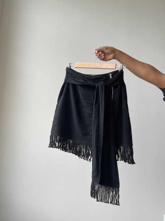Lacy Linen Fringe Tie Mini Skirt In Black