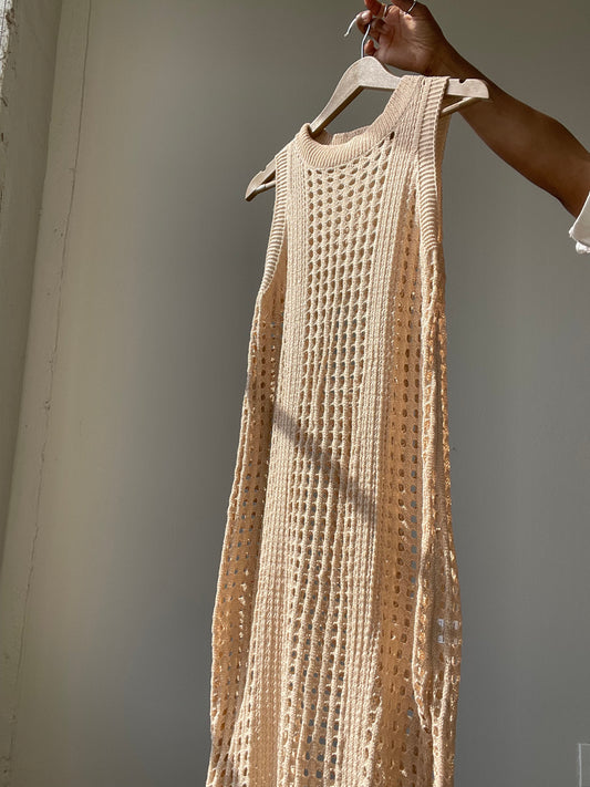 Savanna Crochet Midi Side Slit Dress In Natural
