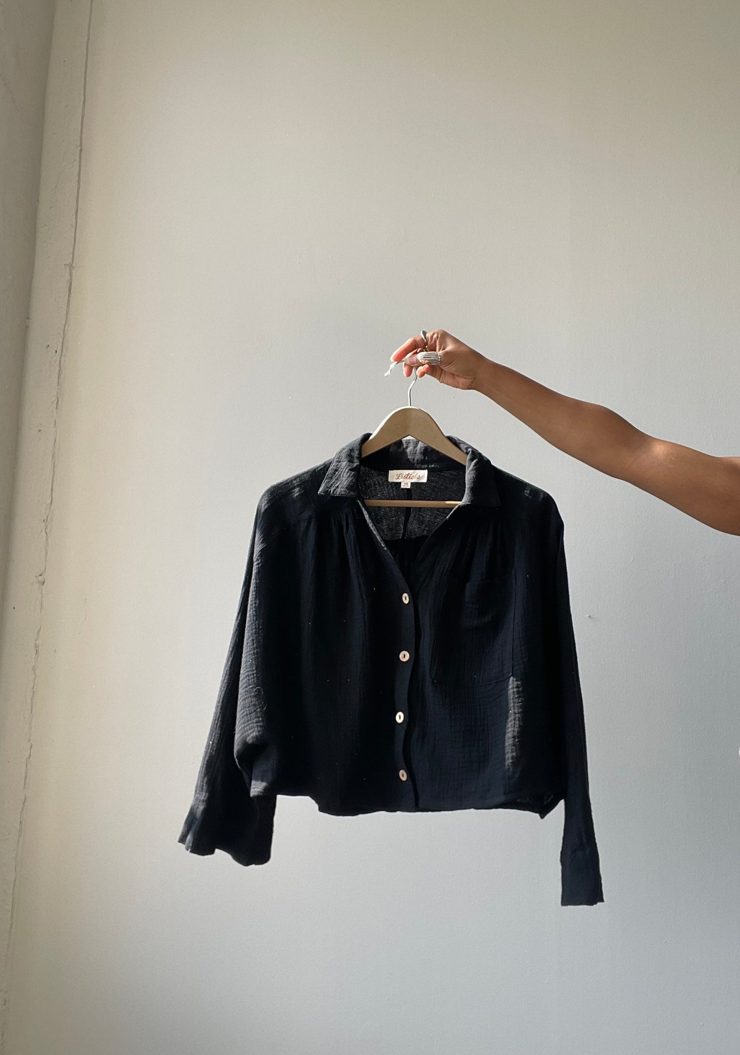 Kelsey Button Down Oversized Cotton Crop Top In Black