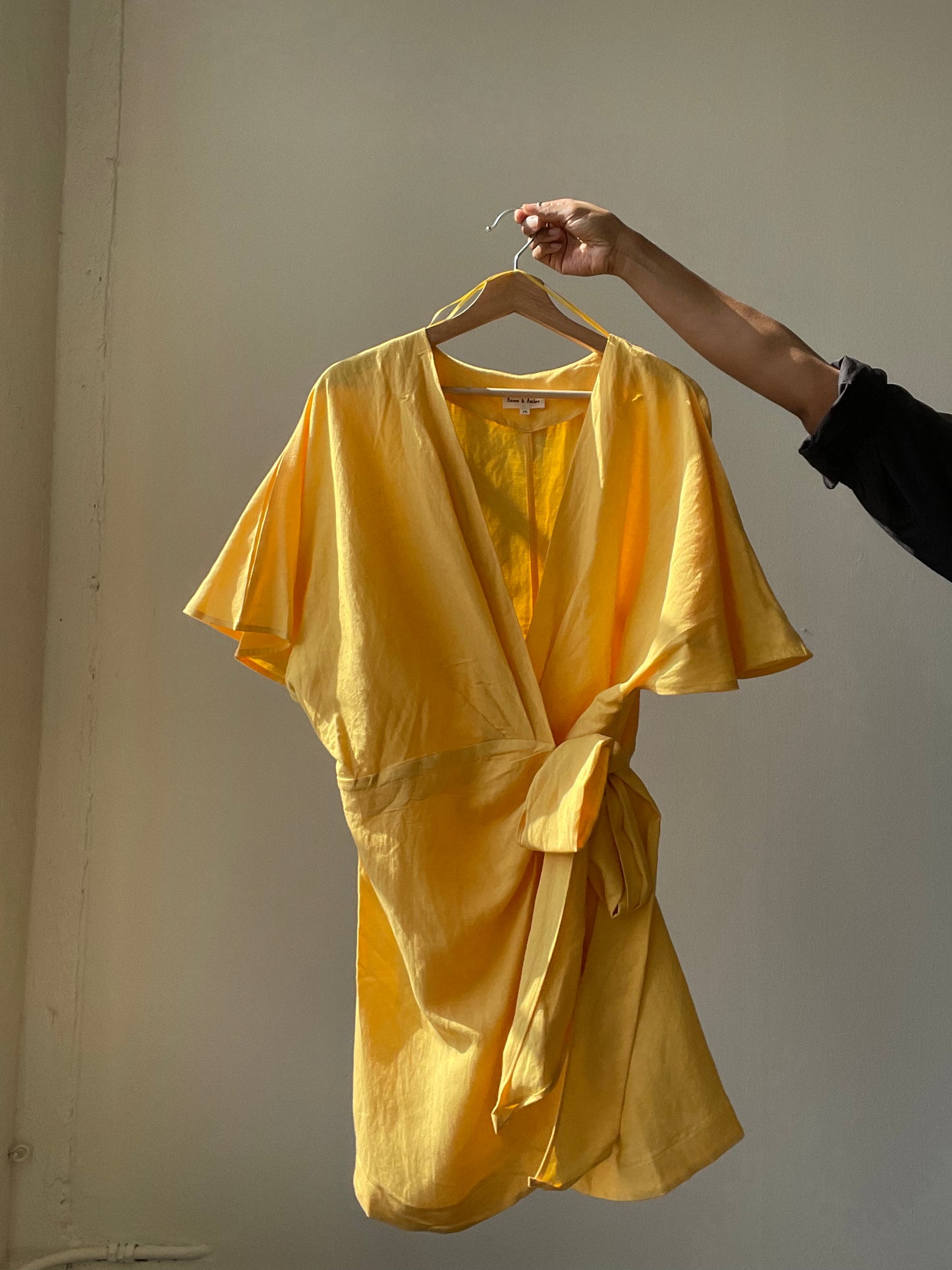 Lorie Linen & Cotton Kimono Wrap Dress In Lemon