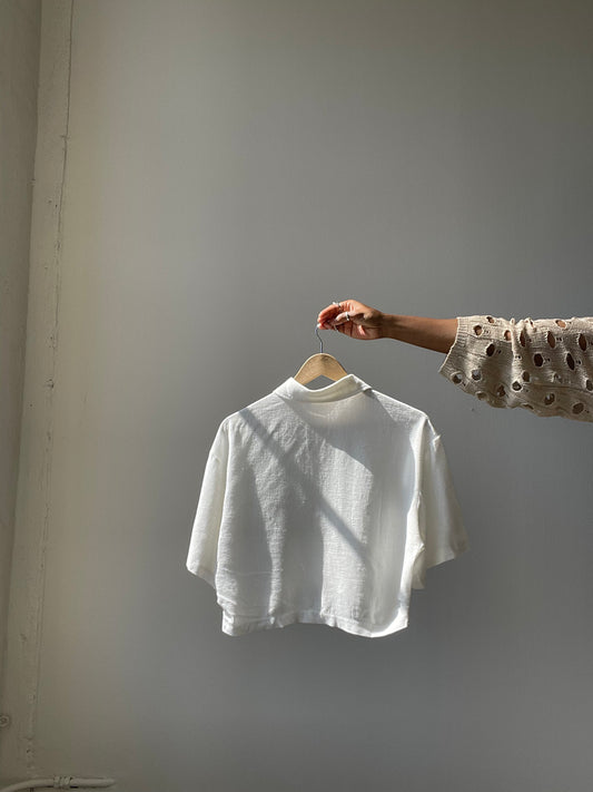 Maggie Linen Cotton High Low Button Front Top In Ivory