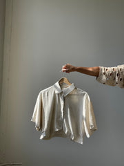 Maggie Linen Cotton High Low Button Front Top In Natural