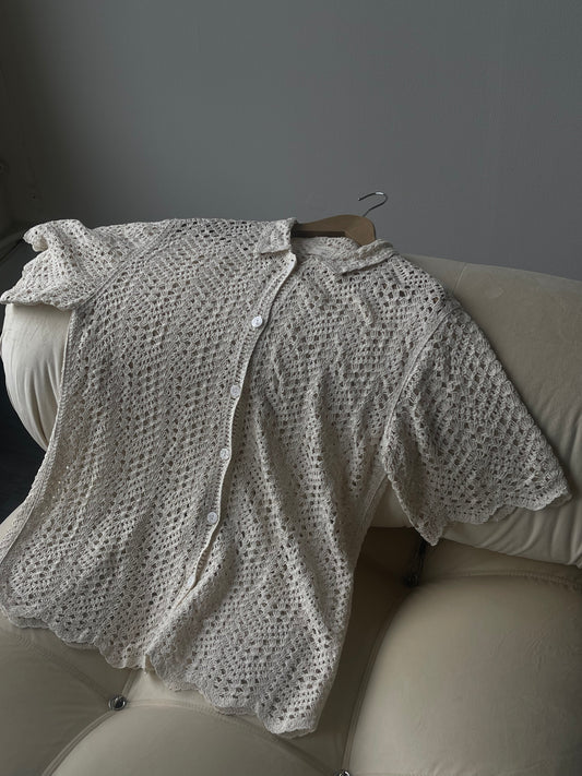 Mira Cotton Crochet Scallop Button Down In Natural