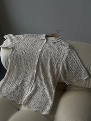 Mira Cotton Crochet Scallop Button Down In Natural