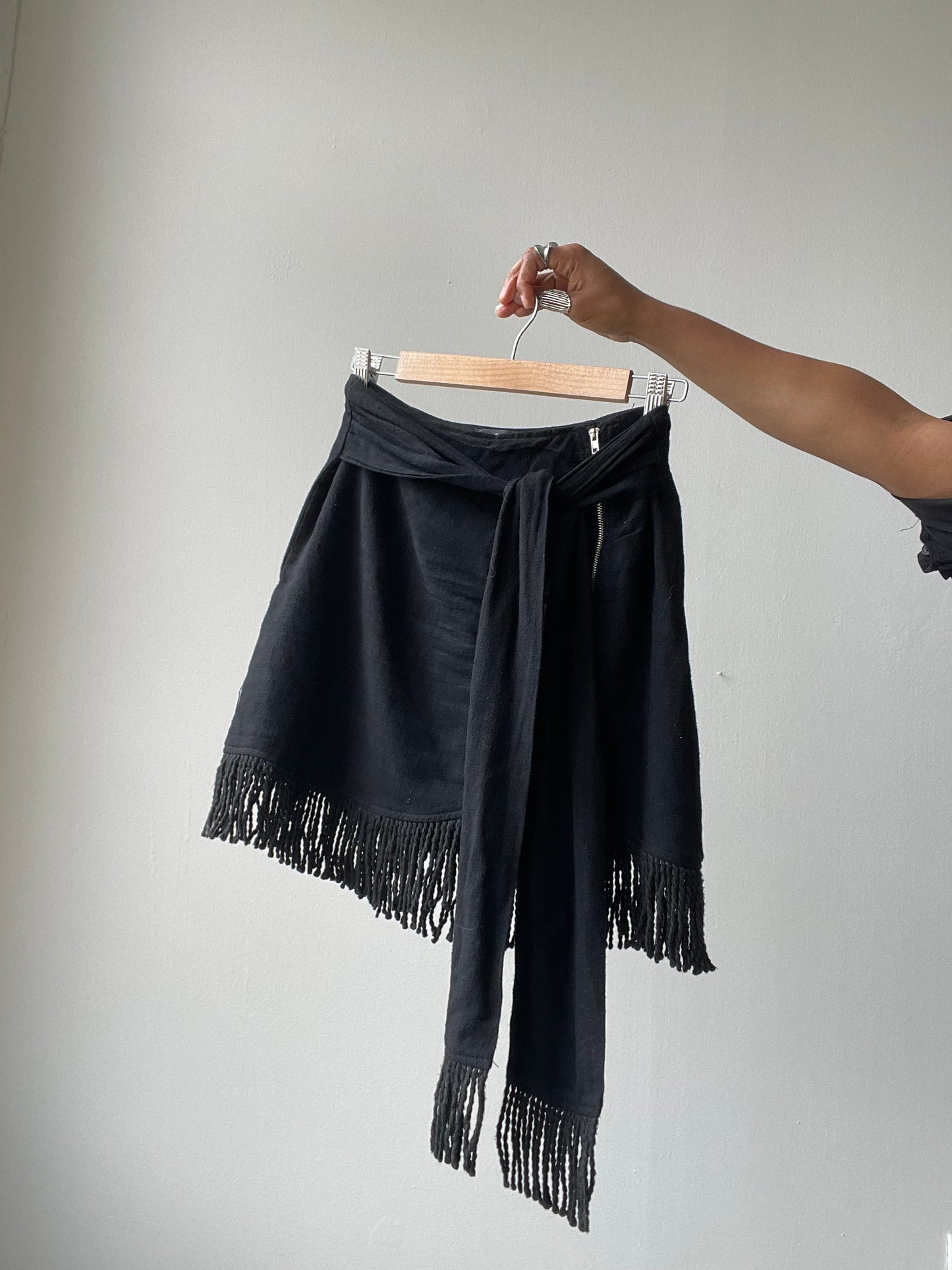 Lacy Linen Fringe Tie Mini Skirt In Black