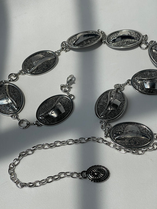 Bowie Cowboy Hat Concho Metal Chain Belt In Silver
