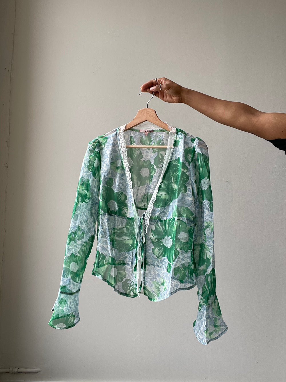 Victoria Lace Trim Sheer Floral Top In Sky Green
