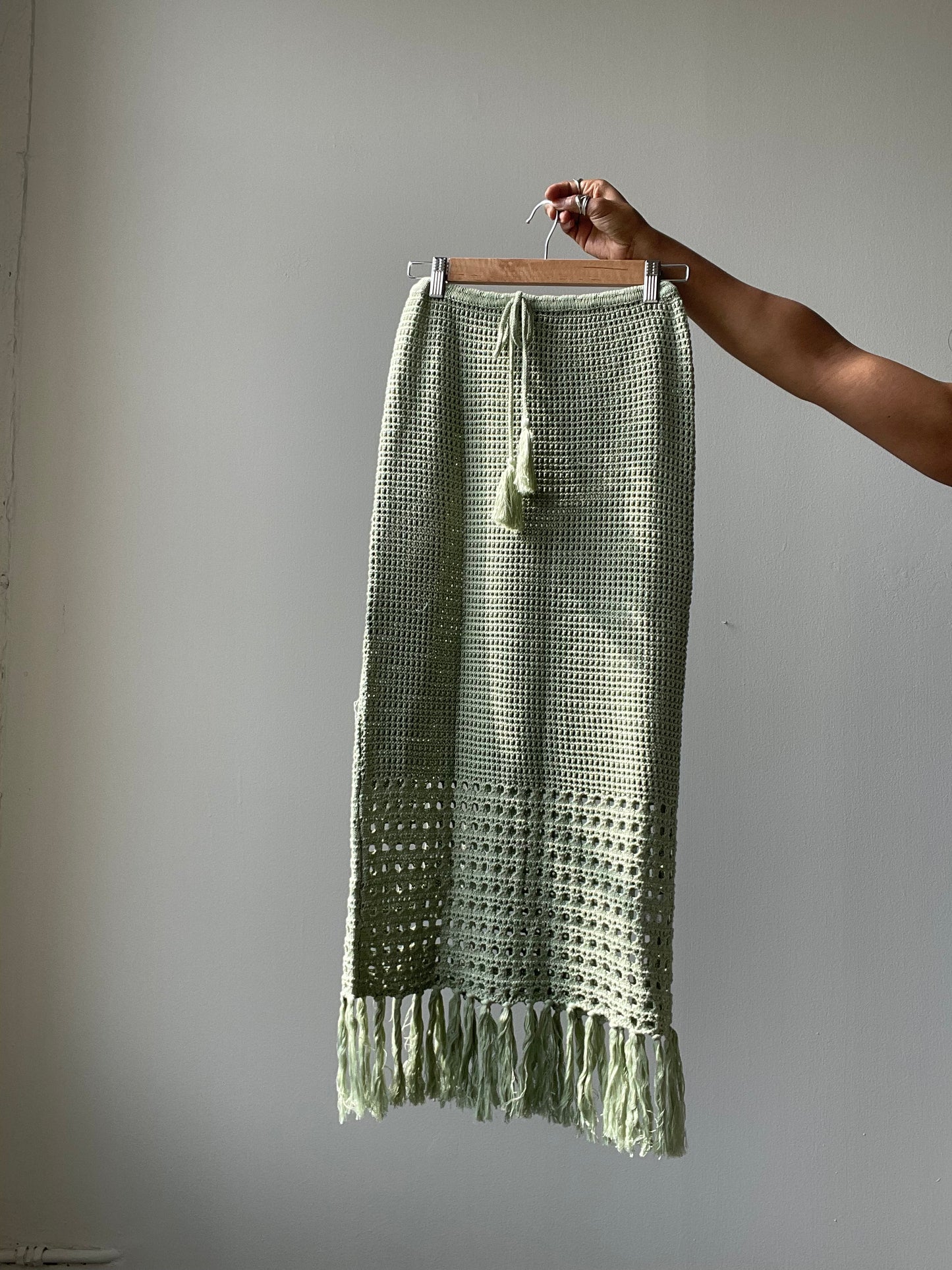 Courtney Cotton Crochet Fringe Midi Skirt In Sage