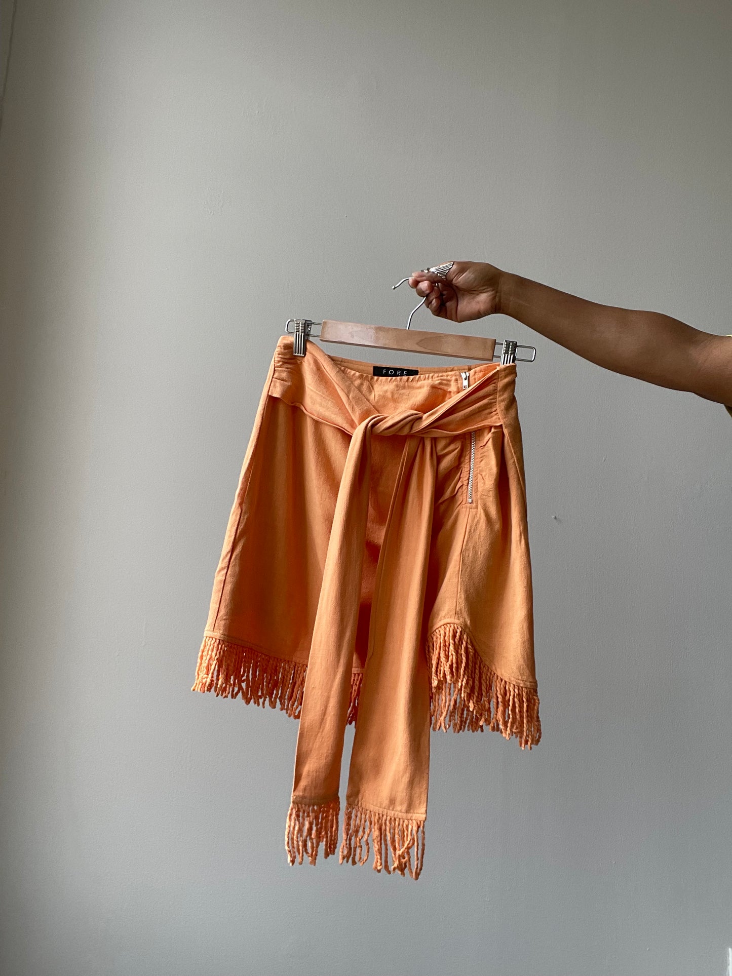 Lacy Linen Fringe Tie Mini Skirt In Tangerine